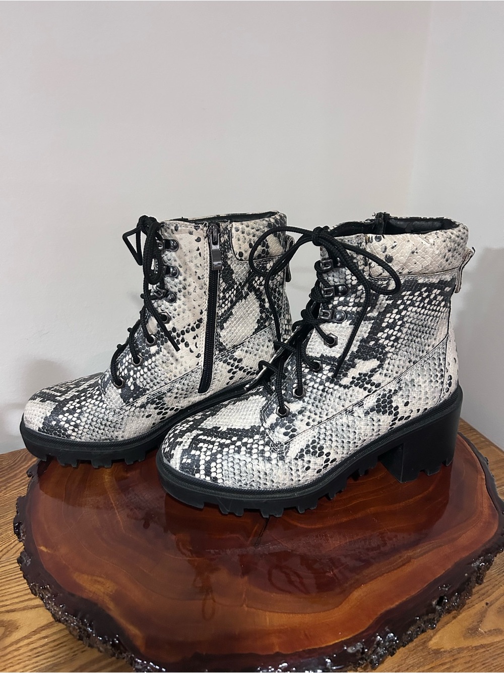 Madden Girl Black and White Snake-Print Combat Boots - Picture 3 of 14